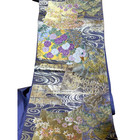 Fukuro Obi Japan Vintage Kimono Belt Blue Gold Embroidery Floral Silk Gorgeous