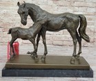 Bronze Home Decor Statue Marble Base Wildlife Art Horses Mare Foal Pair Riding