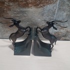 Pair Leaping Gazelle Metal Brass Bookend Patinated Finish Art Deco
