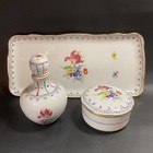 Antique 3pc German Vanity Set Pefume   Powder Box Hand Painted Floral W Gold Evc