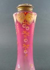 Antique Talcum Powder Shaker Bottle - Pink Art Glass Gold Hearts - Dated  1901
