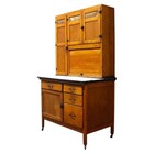 Hoosier Style Oak Paneled   Slag Glass Kitchen Cabinet C1920