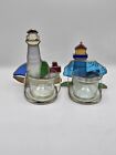 Vtg Stained Glass Lighthouse  Sailboat Metal Nautical Tealight Candle Holder 
