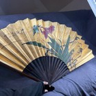 Vintage 1988 Large Japanese Gold Leaf Folding Wall Fan Peacock   Flowers