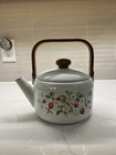 Vintage Strawberries Floral Enamel Tea Pot Kettle Wooden Handle 80s Rare