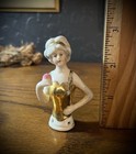 Vintage Hand Painted Gold Gilt Porcelain Pin Cushion Half Doll Grey Hair