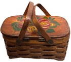 Vintage Woven Sewing Basket   Box With Hinged Painted Wood Lid  Swinging Handles