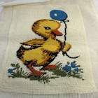 Vintage Finished Needlepoint Picture Yellow Duckling Blue Flowers Balloon 70090