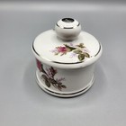 Vintage  Porcelain Vanity Trinket Powder Jar Bowl With Lid Pink Rose Silver Trim
