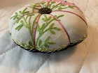 Antique Quilt Pin Cushion  Round  Hand Made  Flower Embroidery Stitches