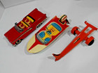 Vintage Haji Tin Friction New Car   Boat W  Trailer W  Box  Excellent Plus Cond