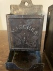 2 Antique Vtg Tin Match Safe Box Holder Fireplace Kitchen Decor Primitive