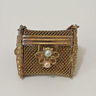 Vintage Mesh Pill Box Container In Purse Handbag Shape Gold Tone