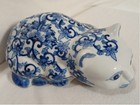 Vtg Blue   White Chinoiserie Porcelain Low Laying Cat Figurine Large 10    Long