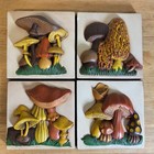 Rare Vtg 1970s Plaster 3d Mushroom 5  Square Wall Hangings Decor Set Of 4
