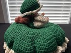 Vtg Crochet Bed Doll Green White Handmade Boudoir Pillow Doll Red Hair Kitsch