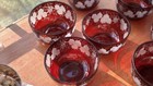 7 Pc  Ruby Red Antique Etched To Clear Bohemian Czech Glass Bowls  19th C