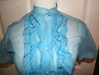 Vintage 50s Azure Blue Sheer Nylon Ruffled Blouse B38
