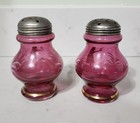 Antique Cranberry Painted Art Glass Shakers
