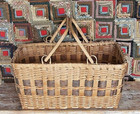 Antique Woven Splint Basket With Swing Handles  Twill Weave Base  Bark Accent