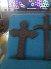  3   Vtg Cast Iron Wall Cross Set Gothic Rustic Aged Patina Mexican Folk Art 