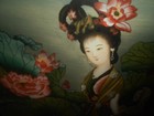 Vtg Oriental Chinese Reverse Painting On Glass 20 5  X 14  Geisha Girl Framed