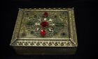 Gorgeous Antique Brass  jeweled Ormolu  Casket Jewelry Vanity Box  Nice Size 