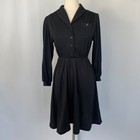 Vintage A Line Dress Size 9 Black Solid Minimal Long Sleeve Academia Retro 70s