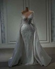 Bead Appliques Mermaid Wedding Dresses Long Sleeve Detachable Train Bridal Gowns