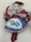 Pair Of Antique Miniature Yarn Dolls With Intricate Hand Embroidered Dresses