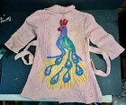 Vintage Chenille Childs Robe Size 2 Pink Peacock 1950s 1060s Boho Cotton Terry