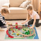 94 Pcs Wooden Train Set Table W reversible Tabletops 3 Storage Bins Tracks Cars