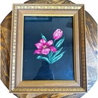 Vintage Needlepoint Pink Tulips Wall Art Gold Wood Frame Floral Cross Stitch