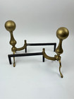 Vintage Brass   Cast Iron Cannon Balls Andirons Fireplace Set Of 2 Nice