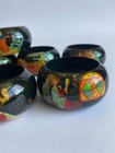 Vintage Russian Palekh Folk Hand Painted Black Lacquered Wood Napkin Rings 6 Pc