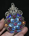 3 2  Rare Old Chinese Silver Inlay Red Gems Cloisonne Flower Bat Pendant