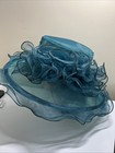 Elegant Blue green Organza Wide Brim Dress Hat Ruffle Church Kentucky Derby