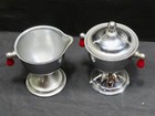 Vintage Art Deco Creamer   Lidded Sugar Set - Chrome   Red Bakelite C 1930