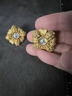 Vintage Gold Tone Clip On Earrings Aurora Borealis Cabochon Floral
