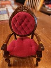 Vintage Antique Doll House Furniture Wood Red Velvet Arm Chair Nos