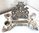 Vintage Ornate Rococo-style Desktop Double Inkwell Silver-colored Cherubs