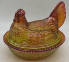 Large Covered Hen On Woven Base - Marigold Carnival - Mosser Glass  Usa
