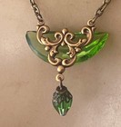 Vintage Necklace Art Nouveau Brass Pendant Antique Apple Green Czech Glass Drop