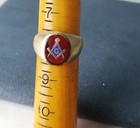 14k Gold Masonic Pinky Ring With Ruby Red Glass And Colored Enamel Logo 1960s