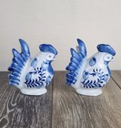 Pair Of Blue And White Hand Painted Rooster Ceramic Piggy Banks Farmhouse