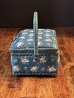 Vintage Sewing Basket Box Green Floral Fabric Plastic Woven Handle 9   g 
