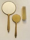 Vintage Victorian Roses Vanity Dresser Set 3 Piece Gold Tone Mirror   Brushes