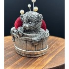 Rare Teddy Bear Pincushion Pewter With Red Velvet Pillow In Barrel Ooak