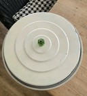 Antique Metal Tin Pie Carrier  Ivory Enamelware  Green Glass Knob Handle  4 Pc