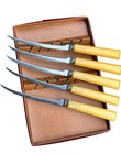 Vtg Henry   s Tomato Steak Knife Set  5  Serrated  Butterscotch Bakelite Handles